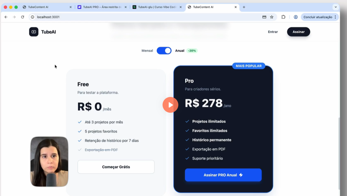 Aula do SaaS de assinatura TubeAI com pricing Stripe